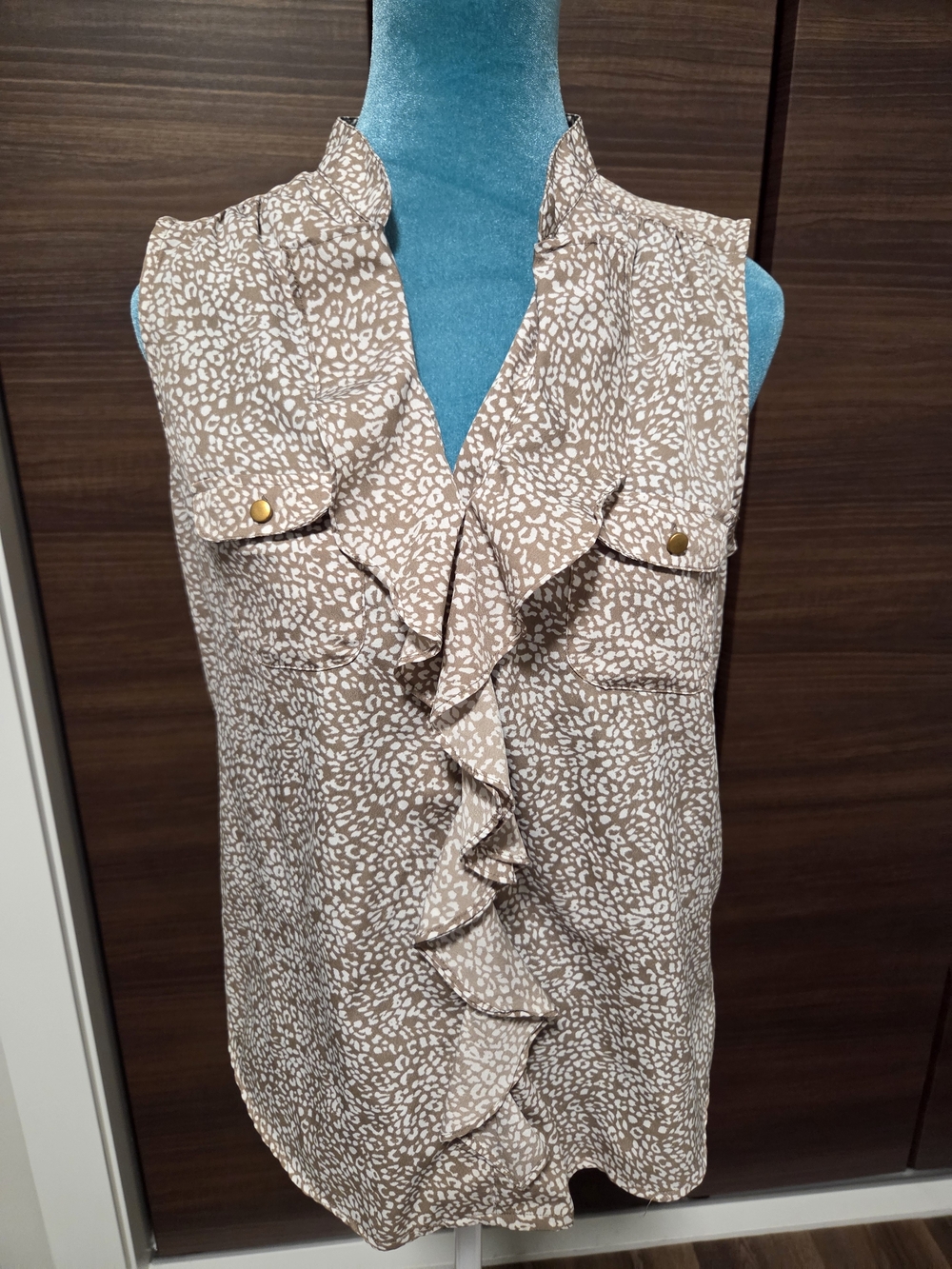 Banana Republic Taupe and White Ruffle V-Neck Sleeveless Top